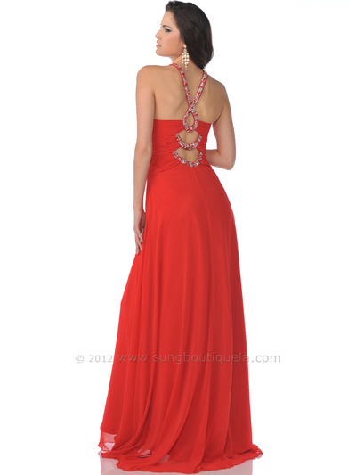 7512 Keyhole with Beaded Halter Strap Red Prom Dress - Red, Back View Medium
