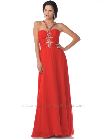 7512 Keyhole with Beaded Halter Strap Red Prom Dress - Red, Front View Medium