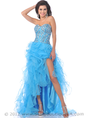7516 Jeweled Corset Top Ruffle High Low Prom Dress, Turquoise