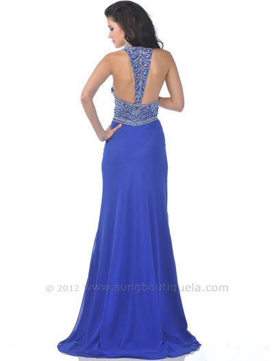7518 Royal Blue Halter Evening Dress with Bead Embellished - Royal Blue, Back View Medium