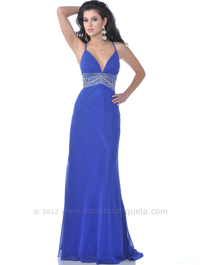 7518 Royal Blue Halter Evening Dress with Bead Embellished - Royal Blue, Front View Medium