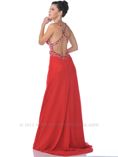 7541 Red Jewels Straps Prom Dress - Red, Back View Medium