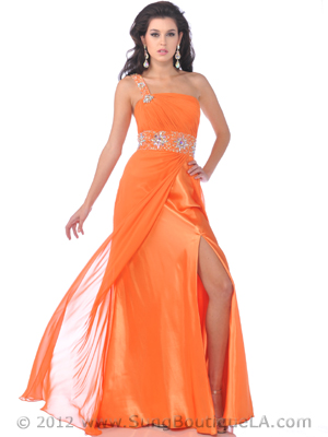 7544 One Shoulder Chiffon Prom Dress, Orange