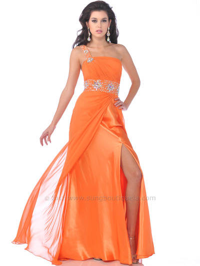7544 One Shoulder Chiffon Prom Dress - Orange, Front View Medium