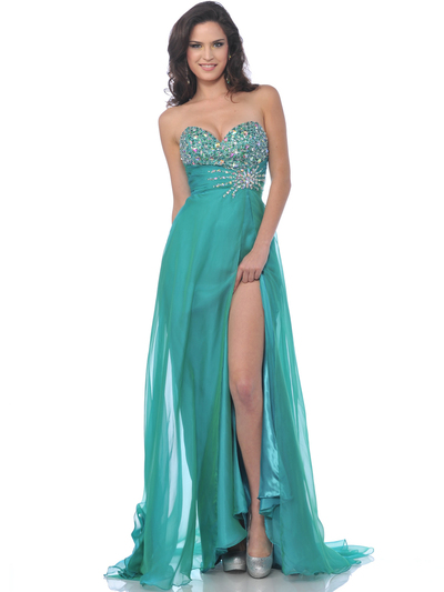 7561 Strapless Embellished Sweetheart Prom Dress with Slit - Jade, Front View Medium