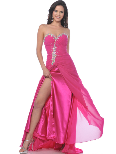 7565 Hot Pink Strapless Sweetheart Chiffon Prom Dress with Slit - Hot Pink, Front View Medium