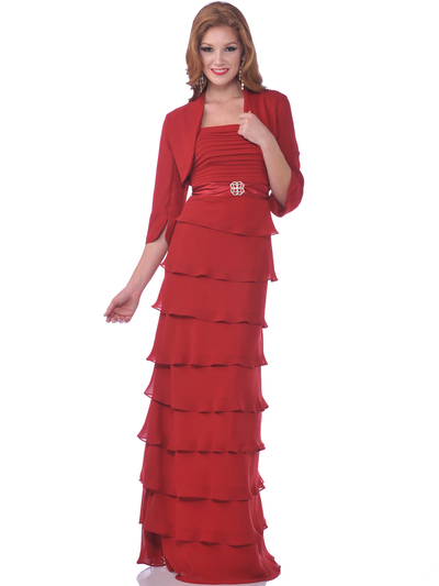 7731 Chiffon Tiered Evening Dress with Bolero - Red, Front View Medium