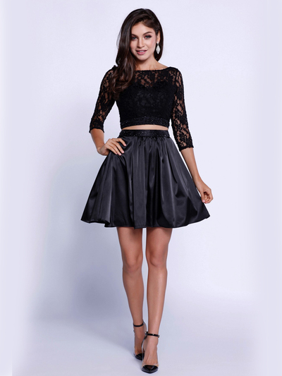 80-6166 Two-Piece Lace Top Short Cocktail Dress - Black, Front View Medium
