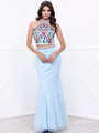 80-8262 Two-Piece Halter Top Lace Long Prom Dress - Aqua, Front View Thumbnail