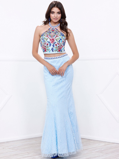 80-8262 Two-Piece Halter Top Lace Long Prom Dress - Aqua, Front View Medium