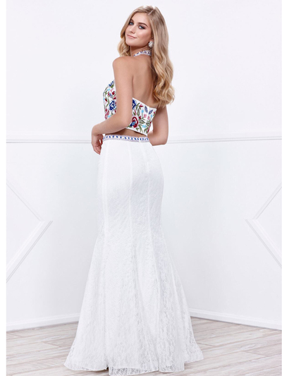 80-8262 Two-Piece Halter Top Lace Long Prom Dress - Ivory, Back View Medium