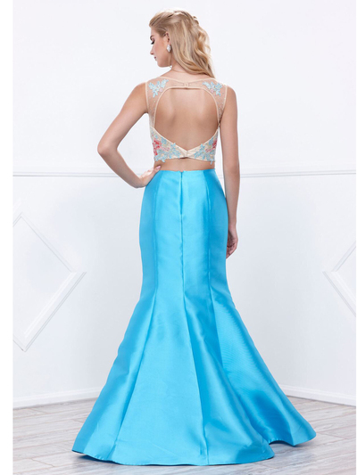 80-8287 Two-Piece Trumpet Prom Gown - Turquoise, Back View Medium