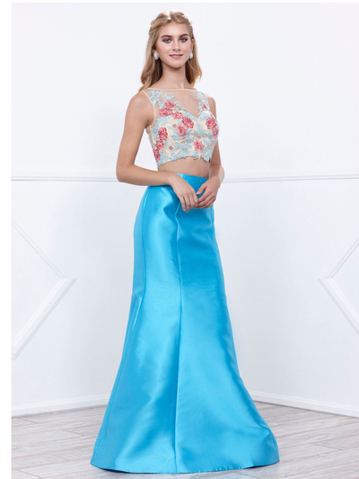 80-8287 Two-Piece Trumpet Prom Gown - Turquoise, Front View Medium