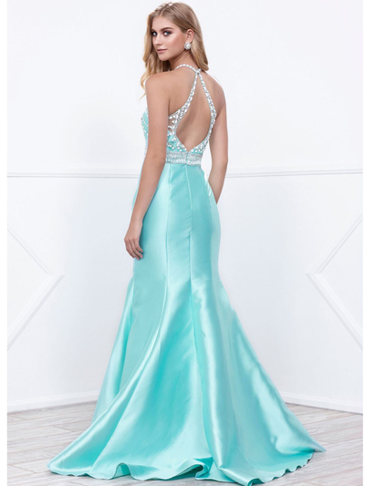 80-8296 Embellished Bodice Long Prom Dress with Mermaid Hem - Mint, Back View Medium