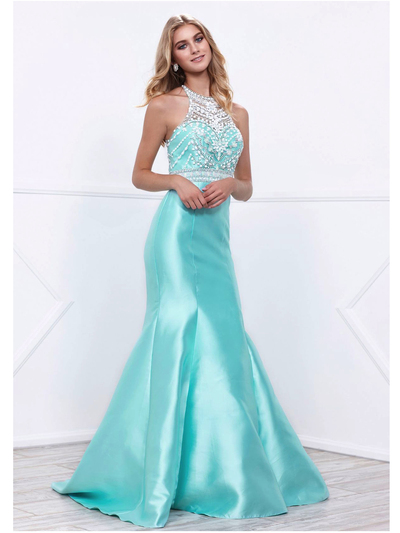 80-8296 Embellished Bodice Long Prom Dress with Mermaid Hem - Mint, Front View Medium