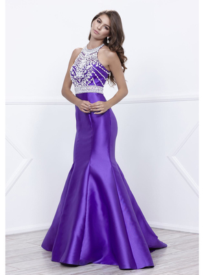 80-8296 Embellished Bodice Long Prom Dress with Mermaid Hem, Purple