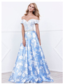80-8301 Off The Shoulder Floral Print Prom Dress - Blue, Front View Thumbnail