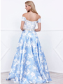80-8301 Off The Shoulder Floral Print Prom Dress - Blue, Back View Thumbnail