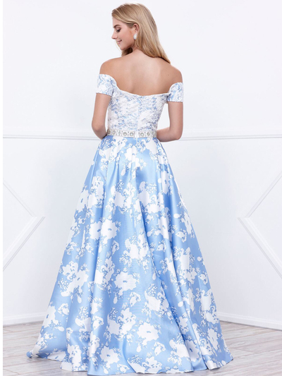 80-8301 Off The Shoulder Floral Print Prom Dress - Blue, Back View Medium