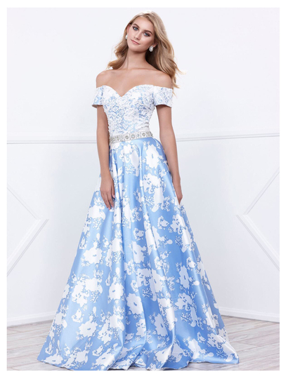 80-8301 Off The Shoulder Floral Print Prom Dress - Blue, Front View Medium