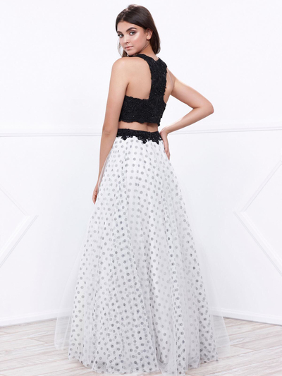 80-8309 Two-Piece Sleeveless Polka Dot Prom Dress - Black White, Back View Medium