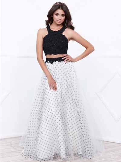 80-8309 Two-Piece Sleeveless Polka Dot Prom Dress - Black White, Front View Medium