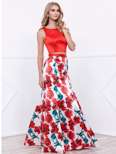 80-8313 Two-Piece Sleeveless Floral Print Prom Dress - Print, Front View Medium