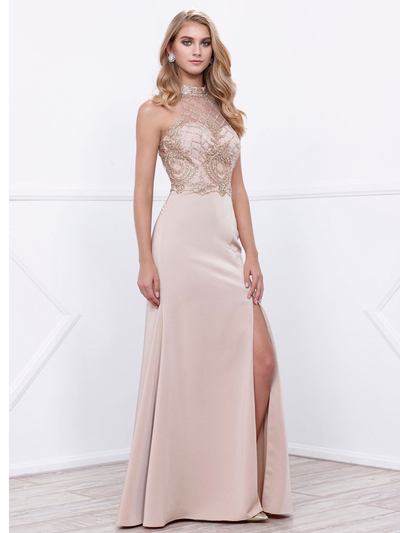 80-8319 Sleeveless Long Prom Dress with Open-Back - Cappuccino, Front View Medium
