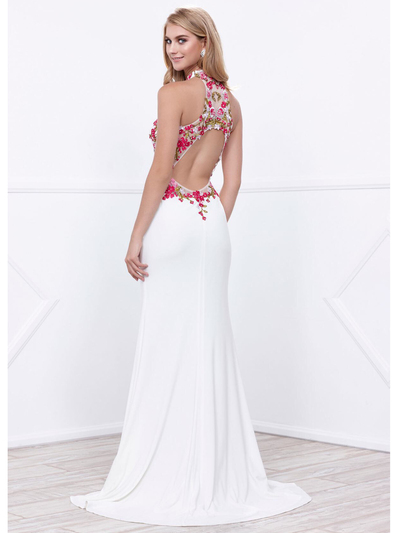 80-8322 Halter Neck Long Prom Dress with Cutout Back - Ivory, Back View Medium