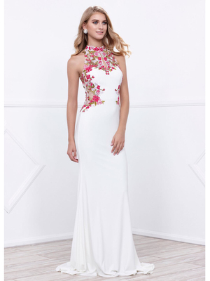 80-8322 Halter Neck Long Prom Dress with Cutout Back, Ivory