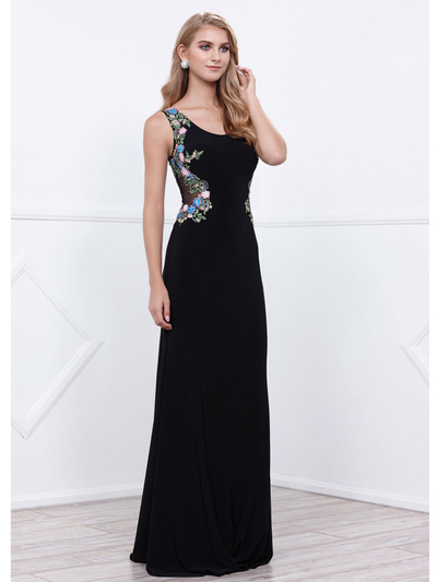 80-8323 Sleeveless Long Prom Dress - Black, Front View Medium