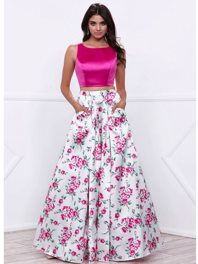 80-8331 Two-Piece Floral Print Prom Dress - Print, Front View Medium
