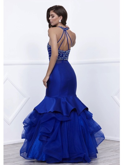 80-8332 Jeweled Illusion Bodice Long Prom Dress - Blue, Back View Medium