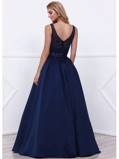 80-8333 Two-Piece Prom Dress with Beaded Bodice - Navy, Back View Medium