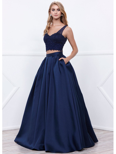 80-8333 Two-Piece Prom Dress with Beaded Bodice - Navy, Front View Medium