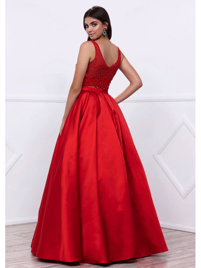 80-8333 Two-Piece Prom Dress with Beaded Bodice - Red, Back View Medium