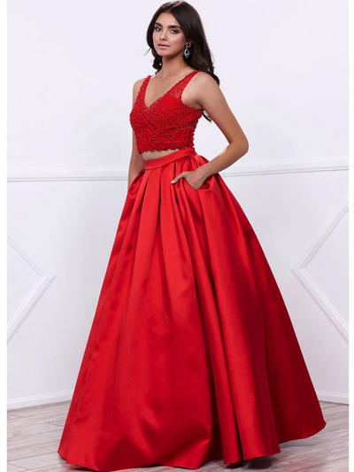 80-8333 Two-Piece Prom Dress with Beaded Bodice - Red, Front View Medium
