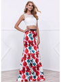 80-8342 Two-Piece Crop Top Long Prom Dress with Floral Printed Skirt - Print, Front View Thumbnail