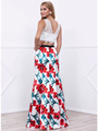 80-8342 Two-Piece Crop Top Long Prom Dress with Floral Printed Skirt - Print, Back View Thumbnail