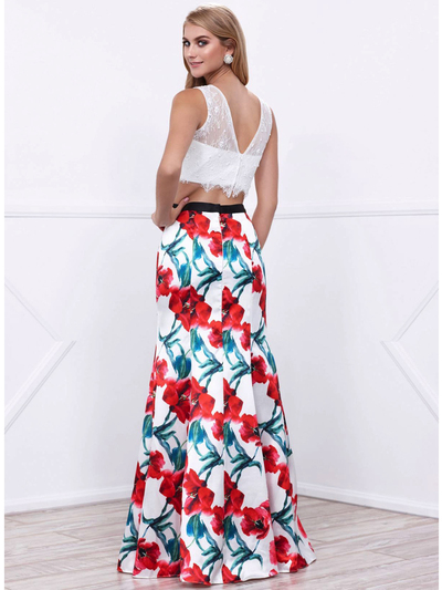 80-8342 Two-Piece Crop Top Long Prom Dress with Floral Printed Skirt - Print, Back View Medium