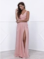 80-8347 V-Neck Long Evening Dress with Slit - Rose, Front View Thumbnail