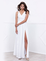 80-8347 V-Neck Long Evening Dress with Slit - White, Front View Thumbnail