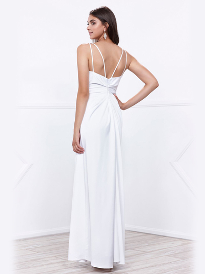 80-8347 V-Neck Long Evening Dress with Slit - White, Back View Medium