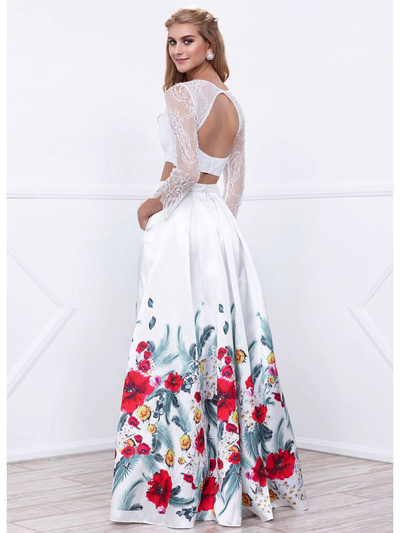 80-8353 Two-Piece Long Sleeve Prom Dress with Floral Print Skirt - Print, Back View Medium