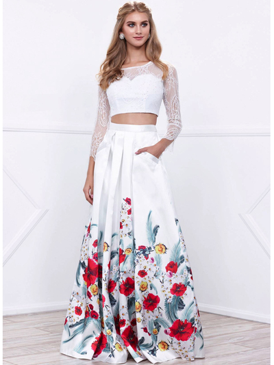 80-8353 Two-Piece Long Sleeve Prom Dress with Floral Print Skirt - Print, Front View Medium