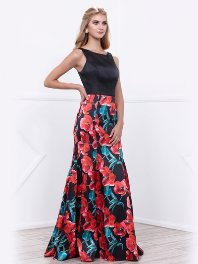80-8354 Sleeveless Floral Print Long Prom Dress - Print, Front View Medium