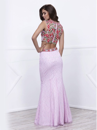 80-8373 Two-Piece Embroidery Crop Top Long Prom Dress - Lilac, Back View Medium