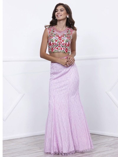80-8373 Two-Piece Embroidery Crop Top Long Prom Dress - Lilac, Front View Medium