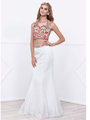 80-8373 Two-Piece Embroidery Crop Top Long Prom Dress - White, Front View Thumbnail