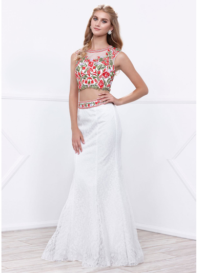 80-8373 Two-Piece Embroidery Crop Top Long Prom Dress - White, Front View Medium